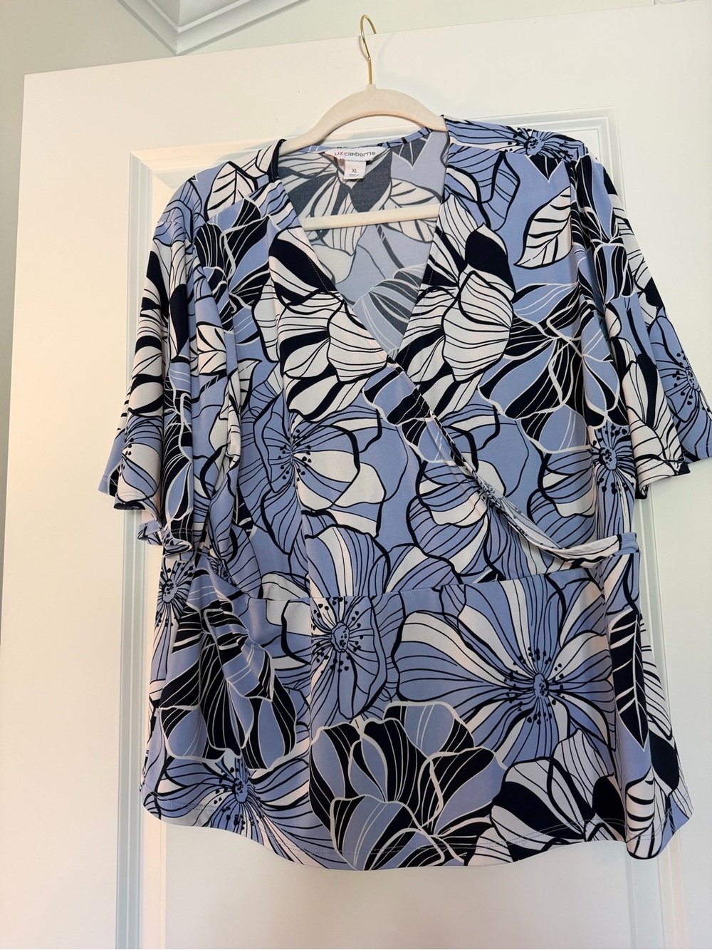 Liz Claiborne Blue and White  Floral Wrap-Style Blouse